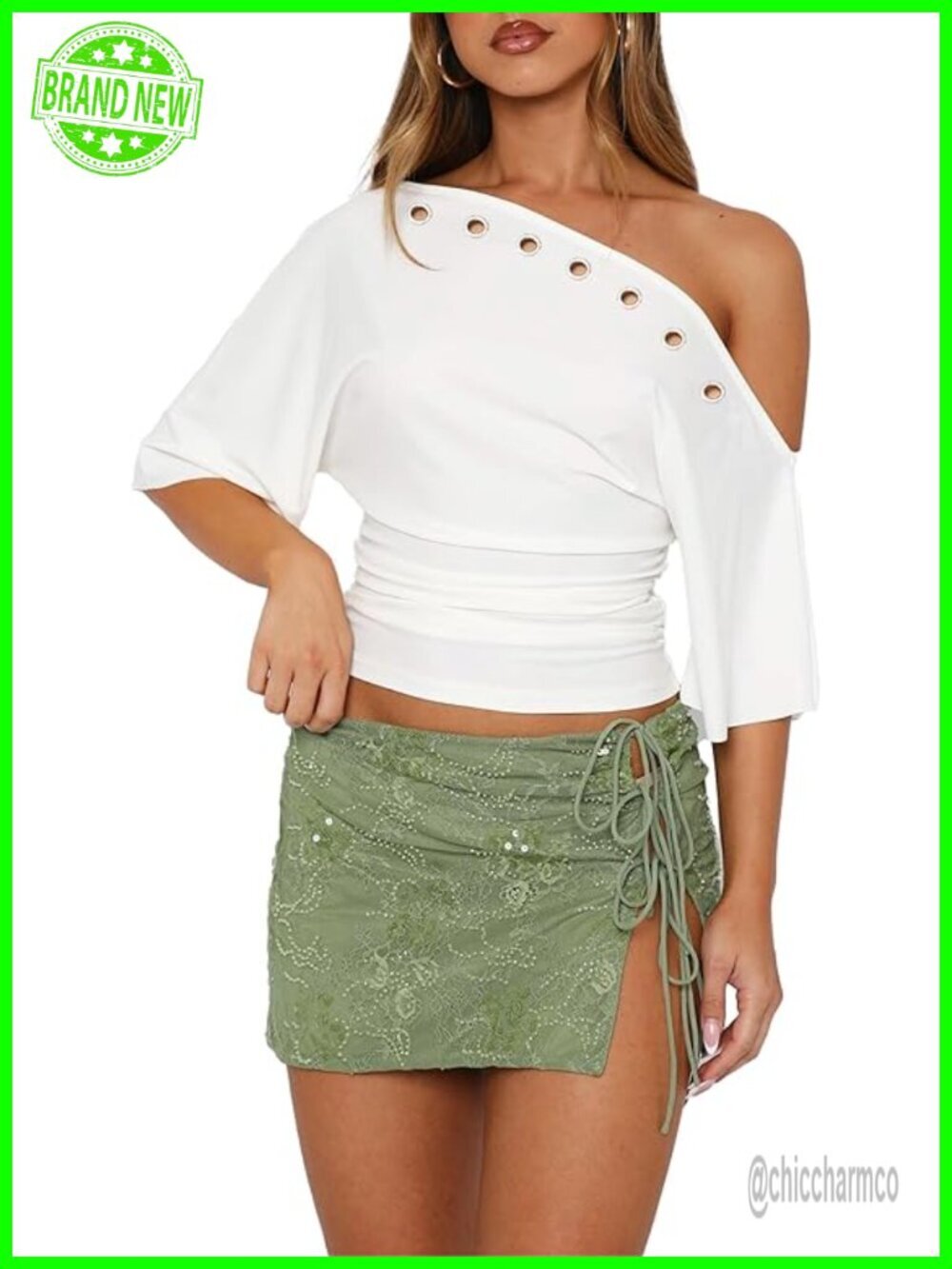 Off Shoulder Crop Top Metal Ring Eyelet Short Sleeve Bodycon Summer Going Out T
